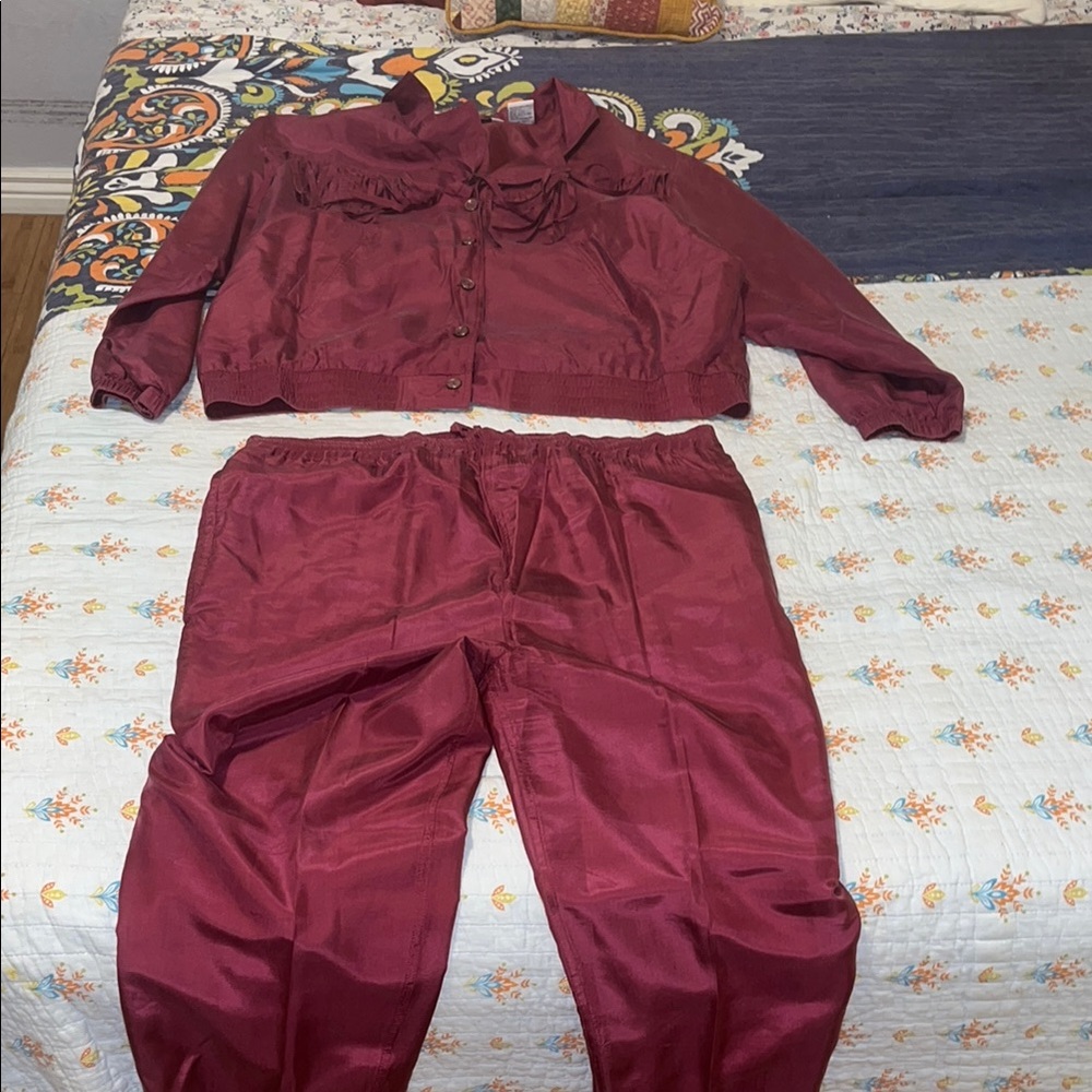 80's Vintage Burgundy Fringe Silk Windbreaker Set